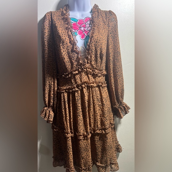 Brown Black Cheetah Print Long Sleeve V Neck Dress - Picture 2 of 6